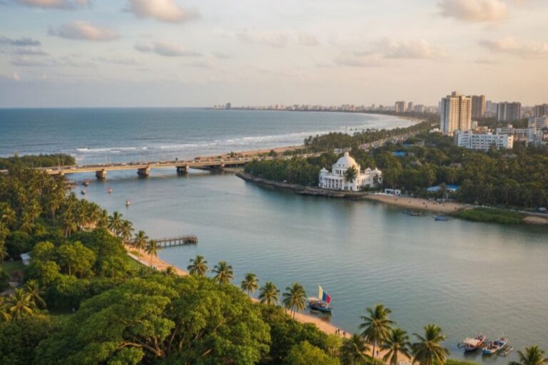 Scenic aerial view of Adyar, Chennai showing riverfront, greenery, and surrounding residential neighborhoods.
