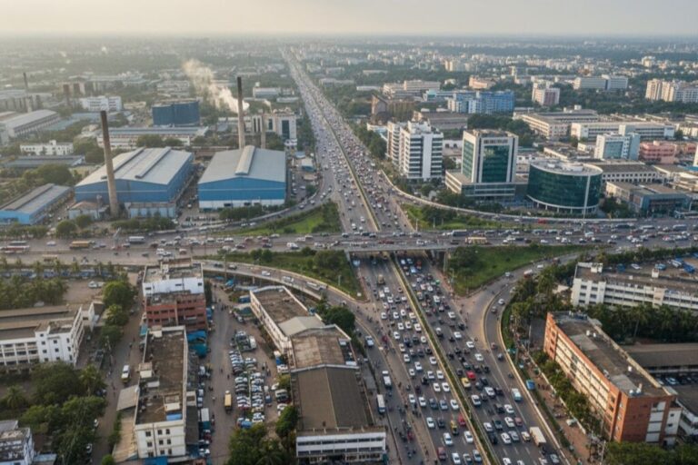 Cityscape of Ambattur, Chennai showing industrial areas, main roads, and nearby residential developments.