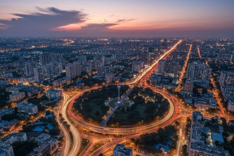 Aerial night view of Anna Nagar, Chennai highlighting roundabout roads, apartments, and urban infrastructure.