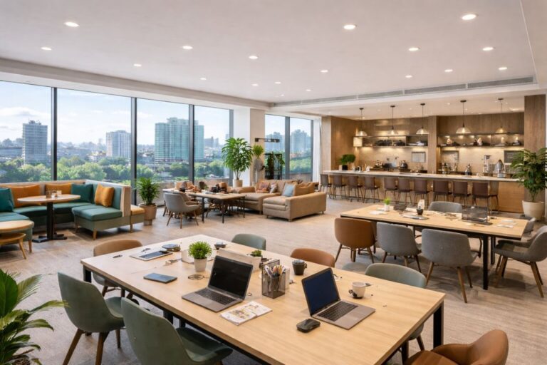 Modern co working space in Chennai with shared desks, lounge seating, pantry area and city view in a professional workspace