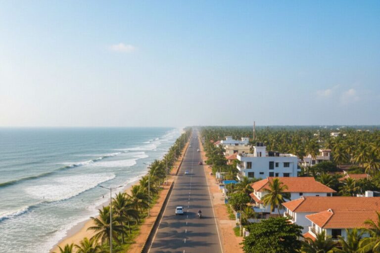 Coastal road view of ECR (East Coast Road) in Chennai with beachside homes, villas, and ocean coastline.
