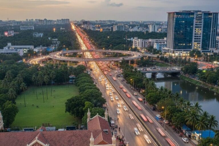 Aerial cityscape of Guindy, Chennai featuring major roads, office buildings, and nearby residential properties.