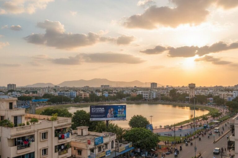 Scenic view of Kolathur, Chennai showing residential buildings, roads, and nearby water bodies during sunset.