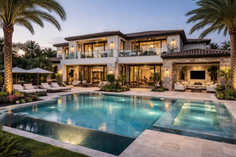 Modern luxury two-storey villa for rent in Chennai with private swimming pool and outdoor seating area