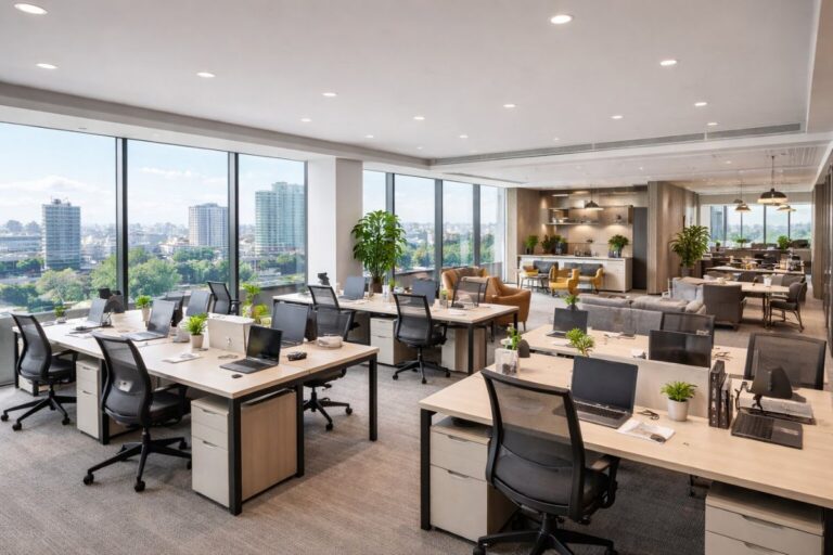 Modern open plan office space in Chennai with workstations, meeting areas and large windows in a commercial building