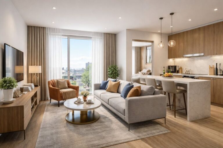 Modern serviced apartment interior in Chennai with fully furnished living room, open kitchen and separate bedroom layout