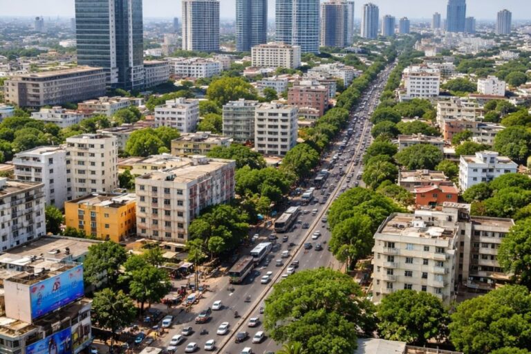 Urban landscape of Nungambakkam, Chennai with high-rise apartments, commercial complexes, and busy main roads.