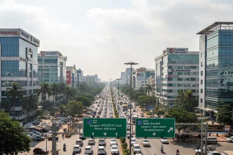 City view of OMR (Old Mahabalipuram Road) in Chennai featuring IT parks, commercial buildings, and residential apartments.