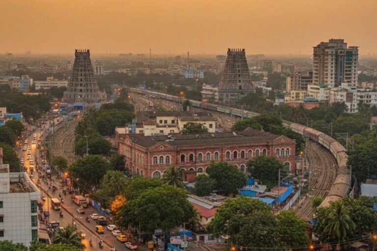 Aerial view of residential neighborhood in Perambur, Chennai showing apartments, houses, and surrounding cityscape.