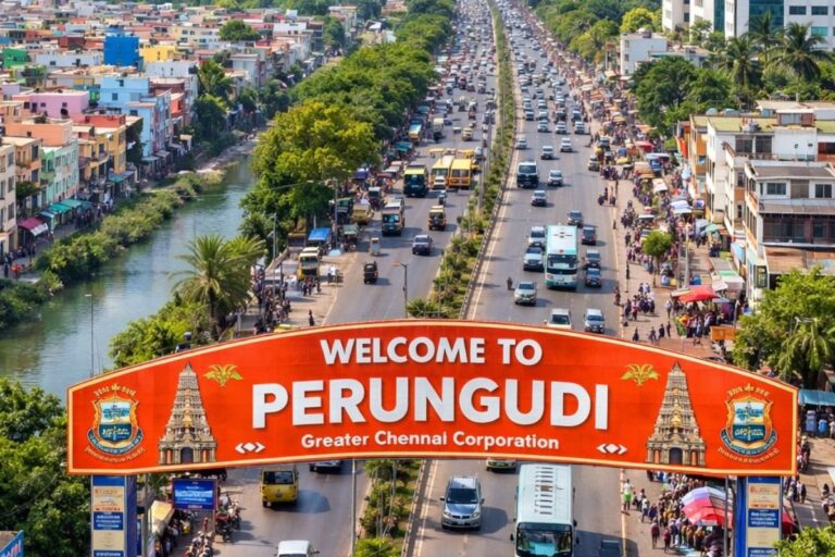 Aerial view of Perungudi in Chennai showing the welcome arch, busy main road traffic and residential buildings along the IT corridor.