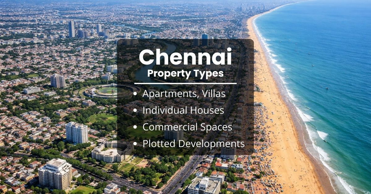Property guide banner with the text “Chennai Property Types” and a text about property types overview, rental trends and lifestyle highlights for a real estate article