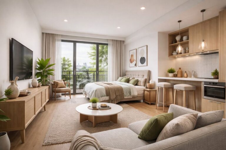 Modern studio serviced apartment in Chennai with bed, open kitchenette, sofa seating area and balcony view in a fully furnished layout