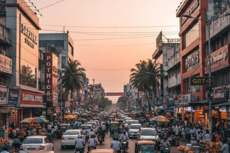 Crowded shopping street in T Nagar, Chennai with heavy traffic, pedestrians and popular retail stores.