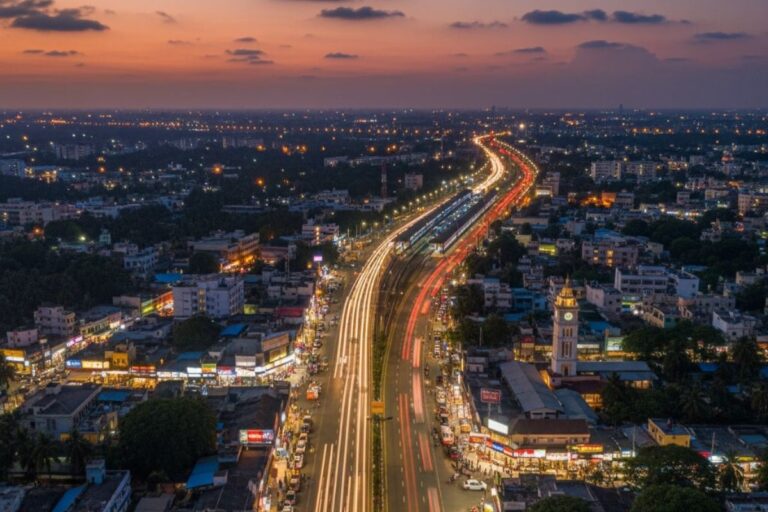 Night aerial view of the main road connecting Tambaram and Chromepet in Chennai with heavy traffic, street lights and commercial buildings.