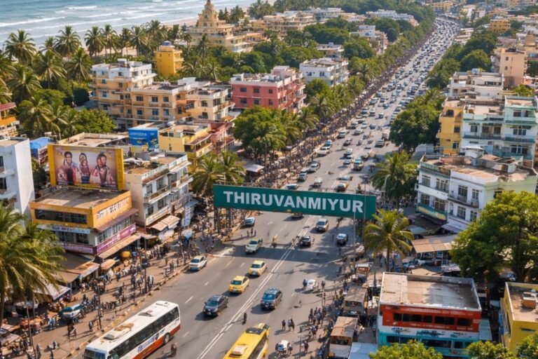 Aerial view of Thiruvanmiyur in Chennai showing the main road near the beach, busy traffic, palm trees and surrounding residential area.
