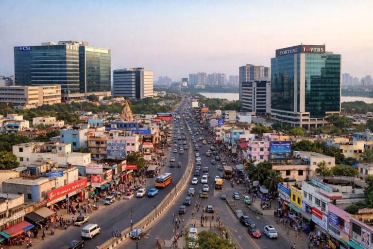 Busy main road and IT buildings in Thoraipakkam, Chennai, showing traffic and commercial area along OMR.