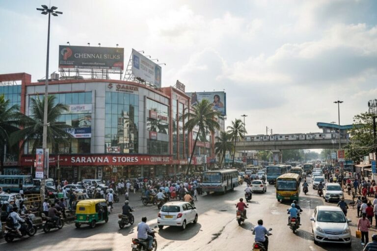 Busy Velachery junction in Chennai with metro line, buses, two-wheelers and commercial shopping buildings.