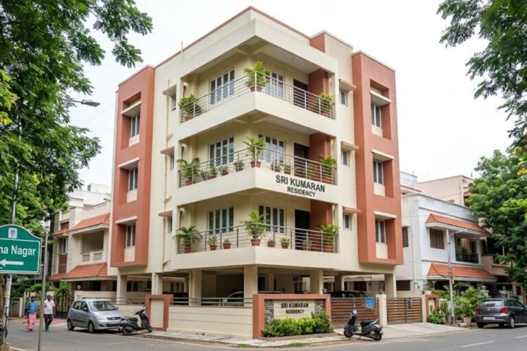 A daytime photograph of Sri Kumaran Residency, a four-story standalone apartment building located in the Anna Nagar neighborhood of Chennai. The modern structure features balconies with steel railings and potted plants, consistent with local architecture. Stilt parking occupies the ground floor, with cars and scooters parked along the tree-lined street. A clear street sign reads 'Anna Nagar', and pedestrian activity and nearby residential properties complete the urban scene.