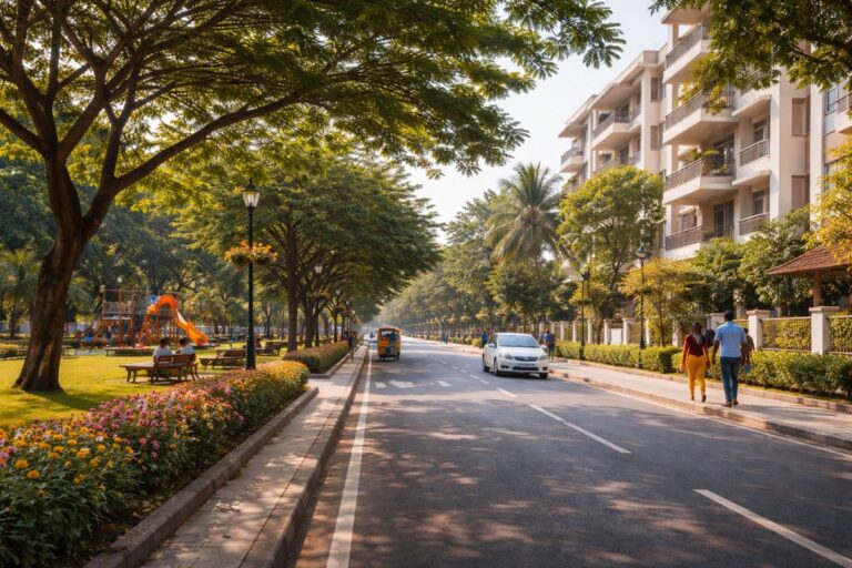 Clean tree-lined residential street in Anna Nagar Chennai with park, greenery, and modern apartments showing quality lifestyle
