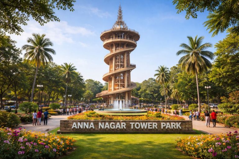 Anna Nagar Tower Park in Chennai featuring the iconic spiral tower, fountain, and landscaped gardens