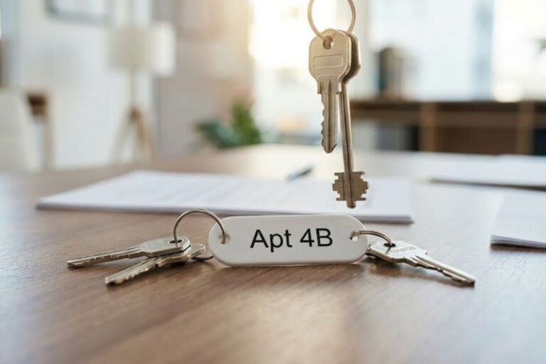 Apartment keys with Apt 4B tag representing rental property handover