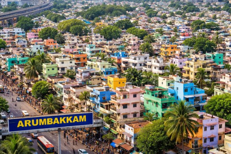 Aerial view of Arumbakkam in Chennai showing densely packed colorful houses, palm trees, busy roads, and urban residential buildings.