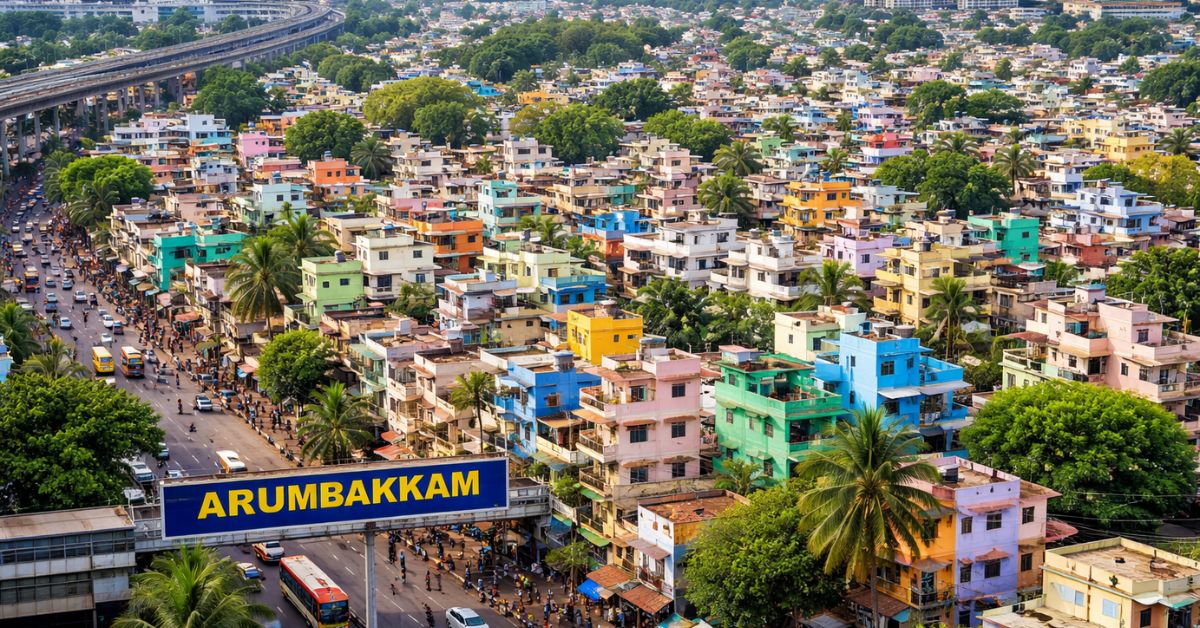 Aerial view of Arumbakkam in Chennai showing densely packed colorful houses, palm trees, busy roads, and urban residential buildings.