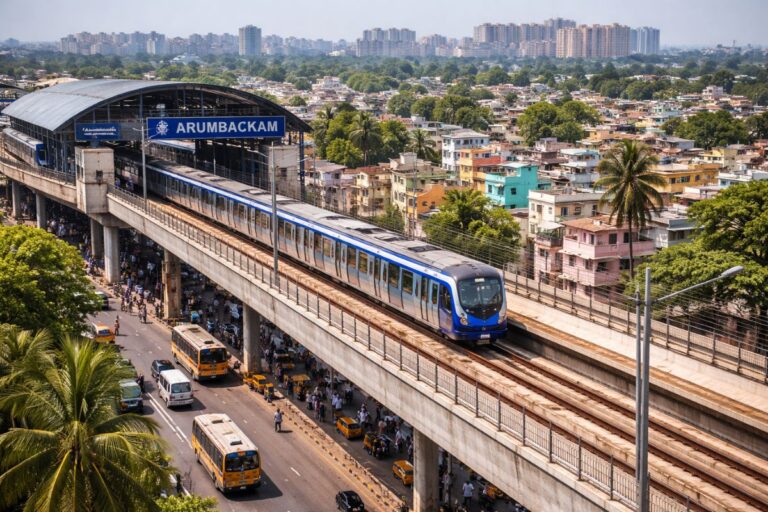 Elevated metro train passing through Arumbakkam station in Chennai with surrounding residential buildings, roads, buses, and city traffic below.