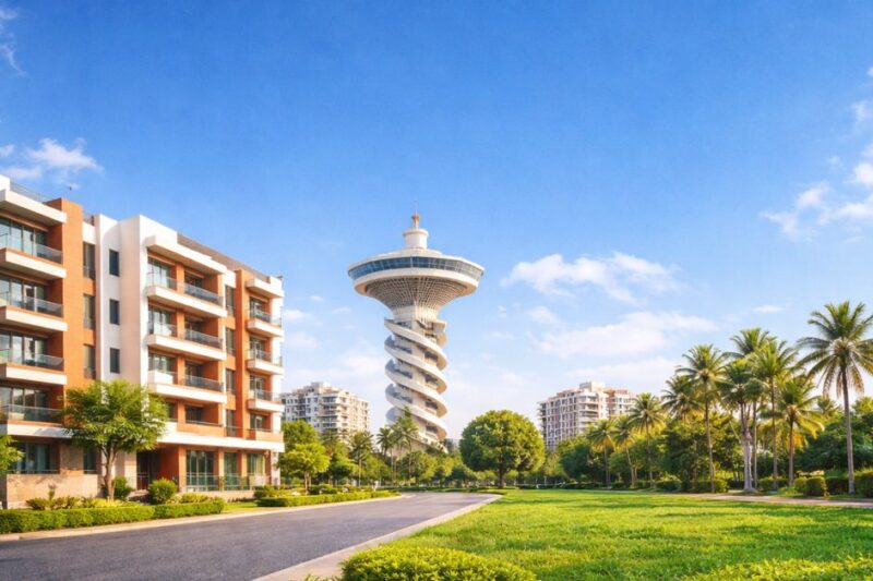 Modern apartment buildings near Anna Nagar Tower in Chennai with greenery and wide roads, ideal for rental flats in Anna Nagar