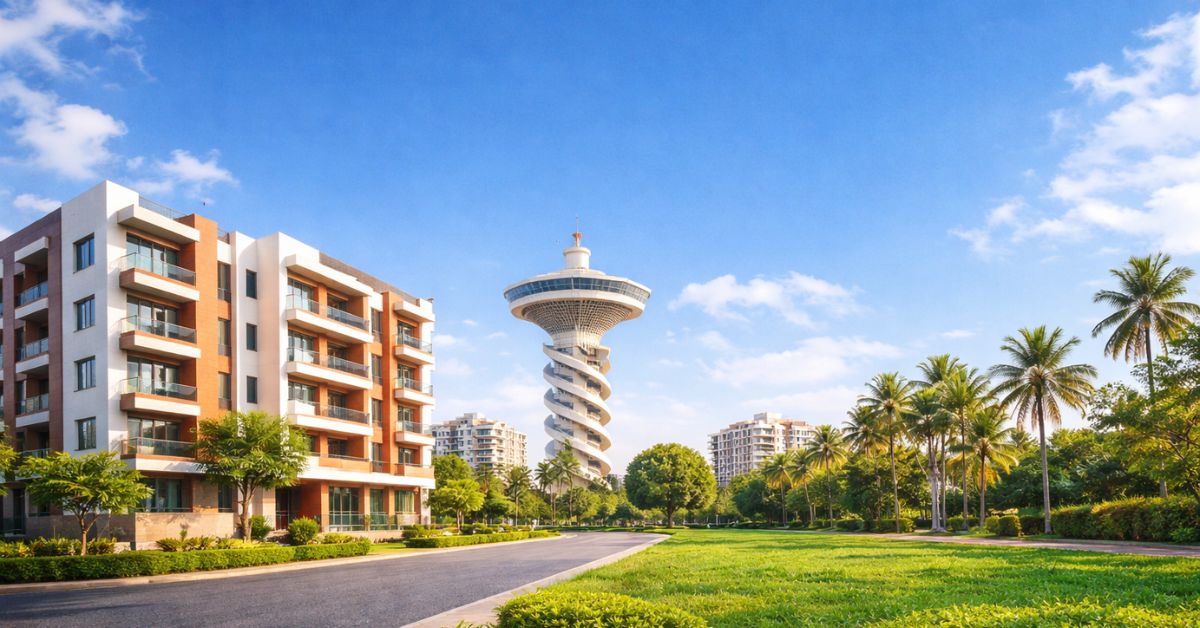 Modern apartment buildings near Anna Nagar Tower in Chennai with greenery and wide roads, ideal for rental flats in Anna Nagar