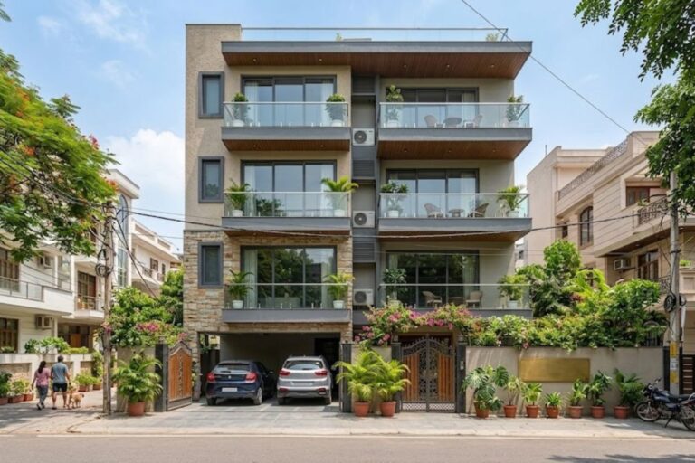A contemporary four-story builder floor apartment complex featuring glass balconies, exterior plants, and ground-level parking, with two cars and a motorcycle visible from the street.
