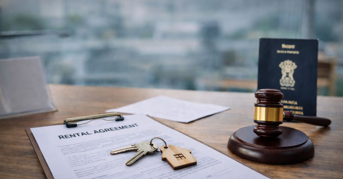 Rental agreement document with house keys and legal gavel representing rental laws and documentation in Chennai