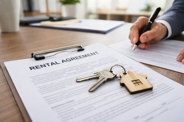 Person signing a rental agreement document with house keys on the table