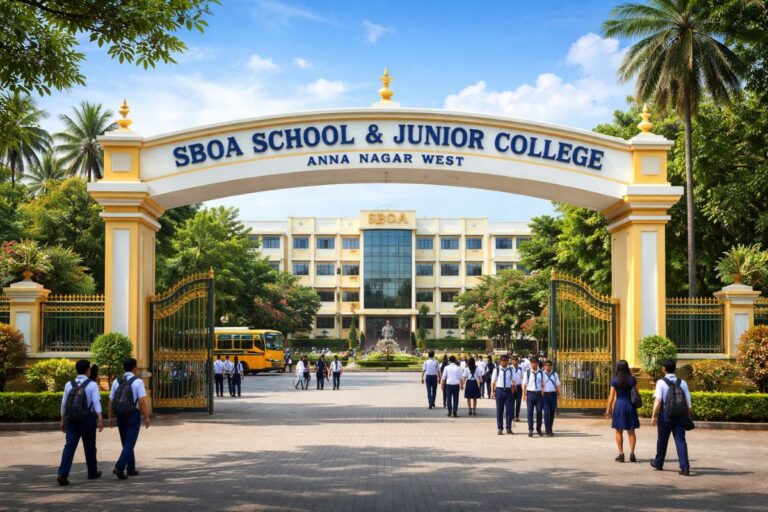 Front entrance of SBOA School & Junior College in Anna Nagar West, Chennai with students and school building visible