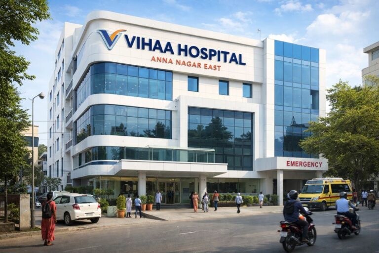 Modern exterior of Vihaa Hospital in Anna Nagar East, Chennai with emergency entrance and vehicles