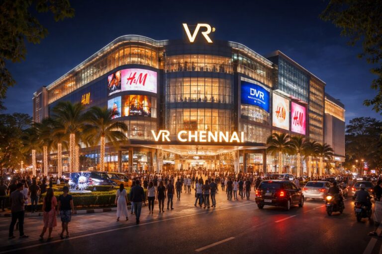 VR Chennai shopping mall illuminated at night in Anna Nagar with crowd and traffic