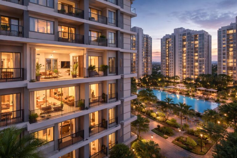 Modern 1 BHK apartment exterior view with balconies, landscaped garden, swimming pool, and high-rise residential buildings in a gated community