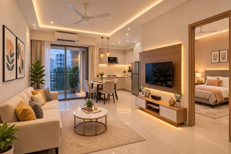 Stylish 1 BHK flat interior featuring a modern living room, dining area, modular kitchen, and cozy bedroom with contemporary furniture and warm lighting