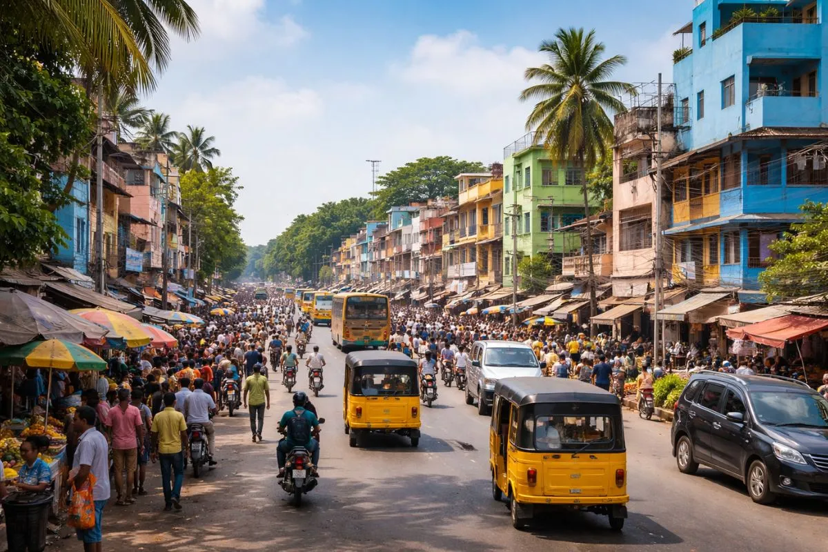 Crowded street scene in Arumbakkam, Chennai with auto-rickshaws, cars, pedestrians, roadside shops, and colorful residential buildings.