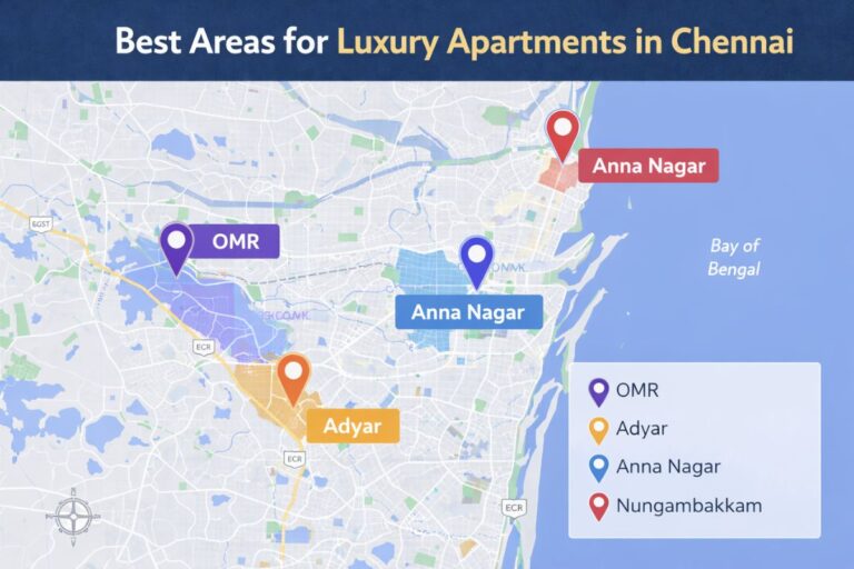 Map showing the best areas for luxury apartments in Chennai including OMR, Adyar, Anna Nagar, and Nungambakkam