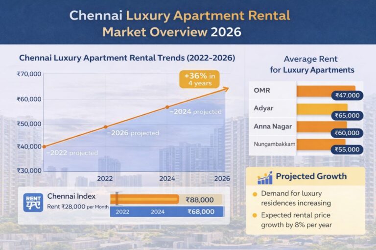 Chennai luxury apartment rental market overview 2026 showing rental trends, average rent in premium areas, and projected rental growth infographic