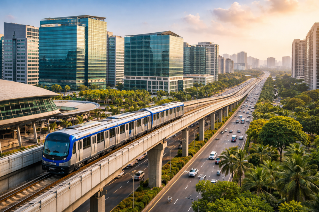 Modern metro rail corridor and commercial buildings in Chennai showing infrastructure development in premium residential areas.