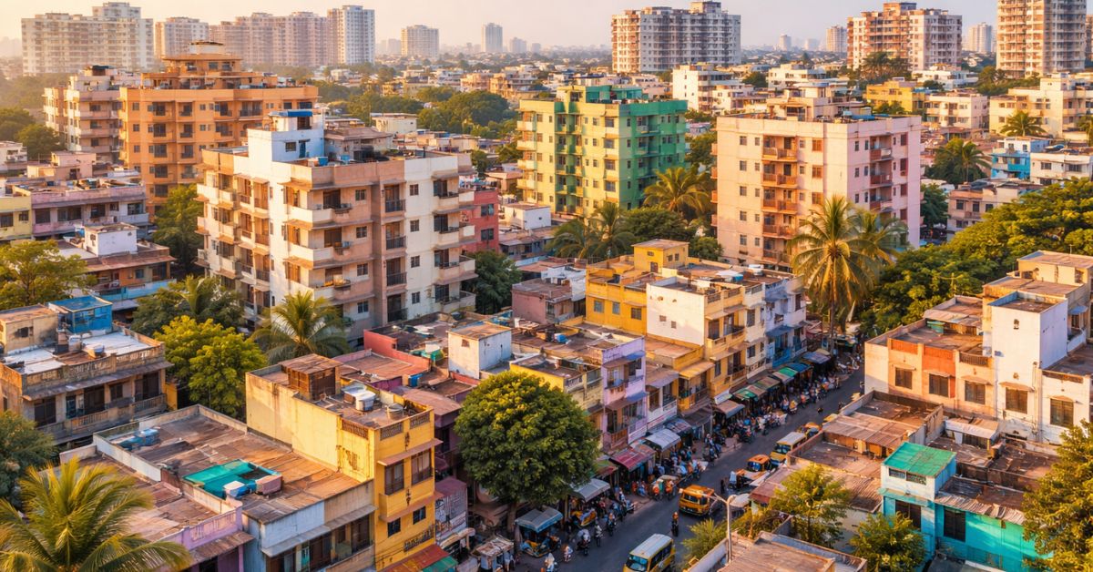 Aerial view of Choolaimedu in Chennai featuring colorful apartment buildings, independent houses, busy streets, and urban residential landscape.