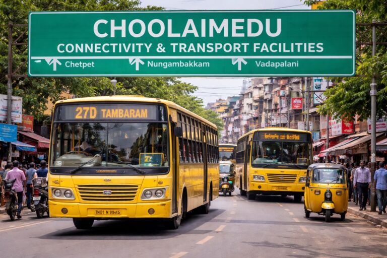 City buses and auto rickshaws on a busy Choolaimedu street highlighting connectivity and transport facilities in Chennai