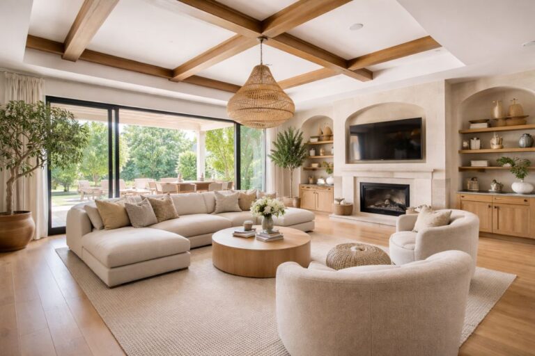 Spacious modern living room interior with sofa, wooden ceiling, and natural lighting in a Choolaimedu home