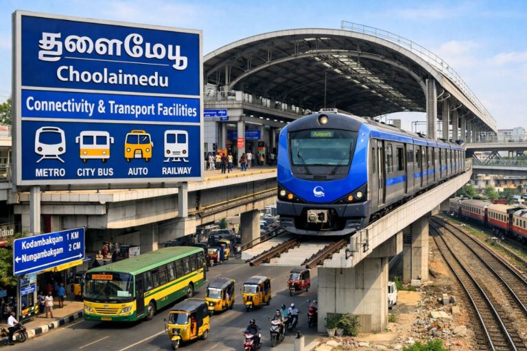 Choolaimedu metro train with railway tracks, buses and autos showing multi-modal transport connectivity in Chennai