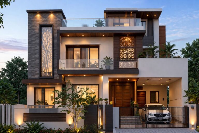 Contemporary independent house exterior with balcony, garden, and parking space in Choolaimedu Chennai