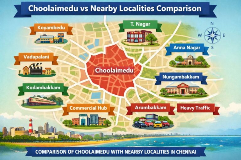 Illustrated map showing Choolaimedu compared with nearby areas like T Nagar, Anna Nagar, Vadapalani, Kodambakkam and Nungambakkam in Chennai