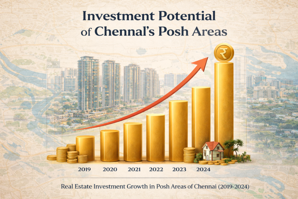 Bar graph showing real estate investment growth in Chennai’s posh residential areas from 2019 to 2024 with luxury apartment skyline in the background.