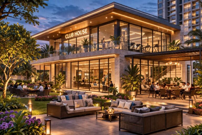 Premium clubhouse in a luxury apartment in Chennai with modern seating, landscaped surroundings, and community lounge space